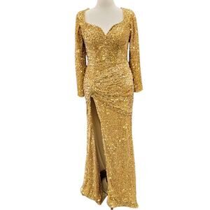 NWT Fitted Long Sleeve Sequin Gown with Leg Slit and Corset Back